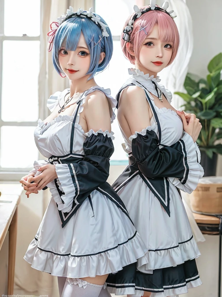 (8K, Photorealistic, Raw photo, of the highest quality: 1.3), (1girl in), Super beautiful, (Realistic face), (boyish, light blue Color Berry Shorthair),(8K, Photorealistic, Raw photo, of the highest quality: 1.3), (1girl in), Super beautiful, (Realistic face), (boyish, pink Color Berry Shorthair), Beautiful , Glare that captivates the viewer, Beautiful expression, Beautiful breasts, (Realistic skin), Be...Create a detailed and colorful image of Ram and Rem from Re:Zero, standing back-to-back in their maid outfits, with a magical fantasy background、14years old, two girls,cute, perfect face, beautiful, nice body, gothic lolita clothes, gothic lolita fashion, frilly skirt, headdress, necklace, bracelet, knee-high socks, boots, double eyelids, tear bags, Detailed down to the fingers, photo-like description, indoors, dim indoor lighting, one girl is pink hair and short bob, another girl is light blue hair and short bob,standing, whole body, composition that shows the whole body, smiling,The Both of them are wearing the same type of maid outfit