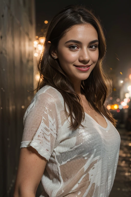 a woman, 25ear old, long brunette hairs, 8K, UHD, flash lighting, professional lighting, textured skin, romantic smile, photoshoot, devant un mur, explosion de peinture sur le mur
