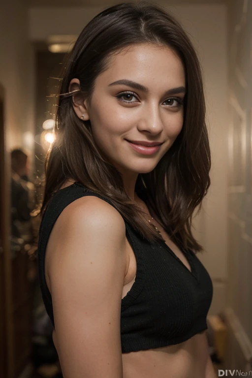 A beautiful n1n4d woman,1girl,solo,long hair,looking at viewer,brown hair,black hair,dress,bare shoulders,brown eyes,upper body,necktie,black dress,lips,realistic,soft lighting, professional Photography, Photorealistic, detailed, RAW, analog, sharp focus, 8k, HD, high quality, masterpiece<lora:n1n4d:1.0>