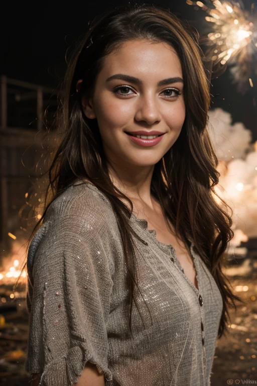 a woman, 25ear old, long brunette hairs, 8K, UHD, flash lighting, professional lighting, textured skin, romantic smile, photoshoot, devant un mur, explosion de peinture sur le mur