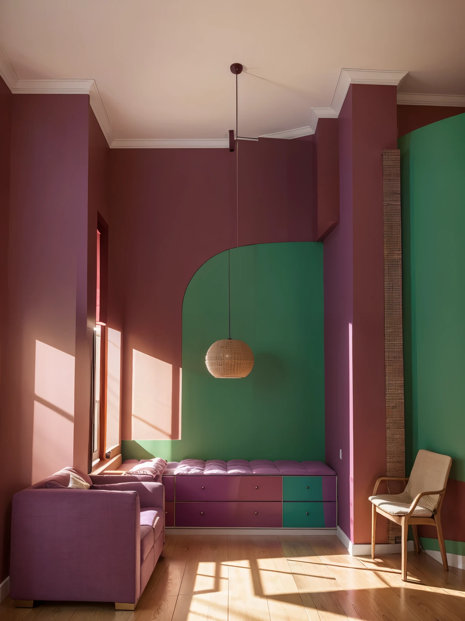 Cuarto interior de una tienda de venta con color mayormente rojo en muebles y piso, muebles de color verde y morado, several staterias horizontal dimension 4610 x 3073 px, luz entrando de la ventana