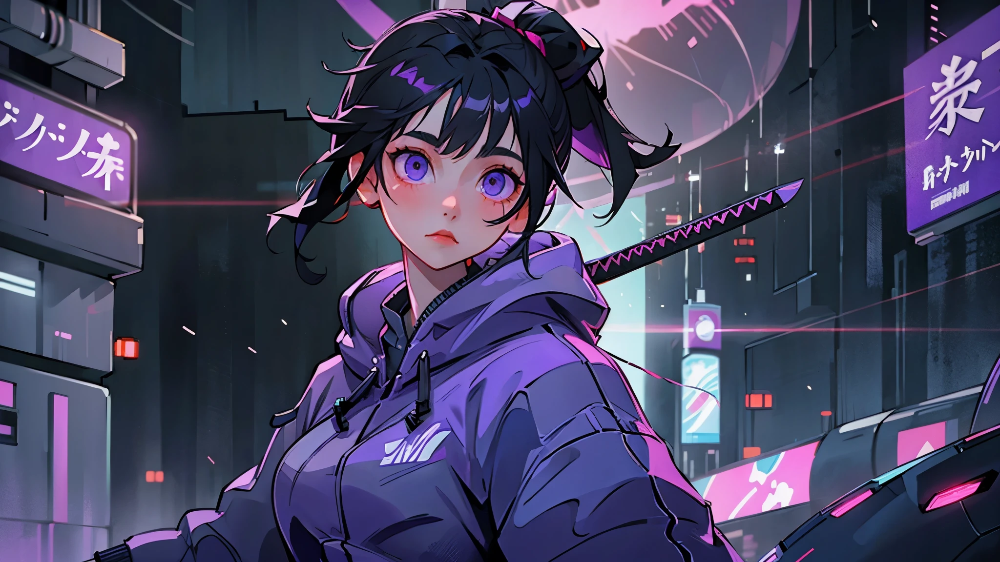 perfect face, perfect eyes, black hair, long pony tail, purple eyes, cyberpunk, katana, city, futuristic, glowing effects, hoodie