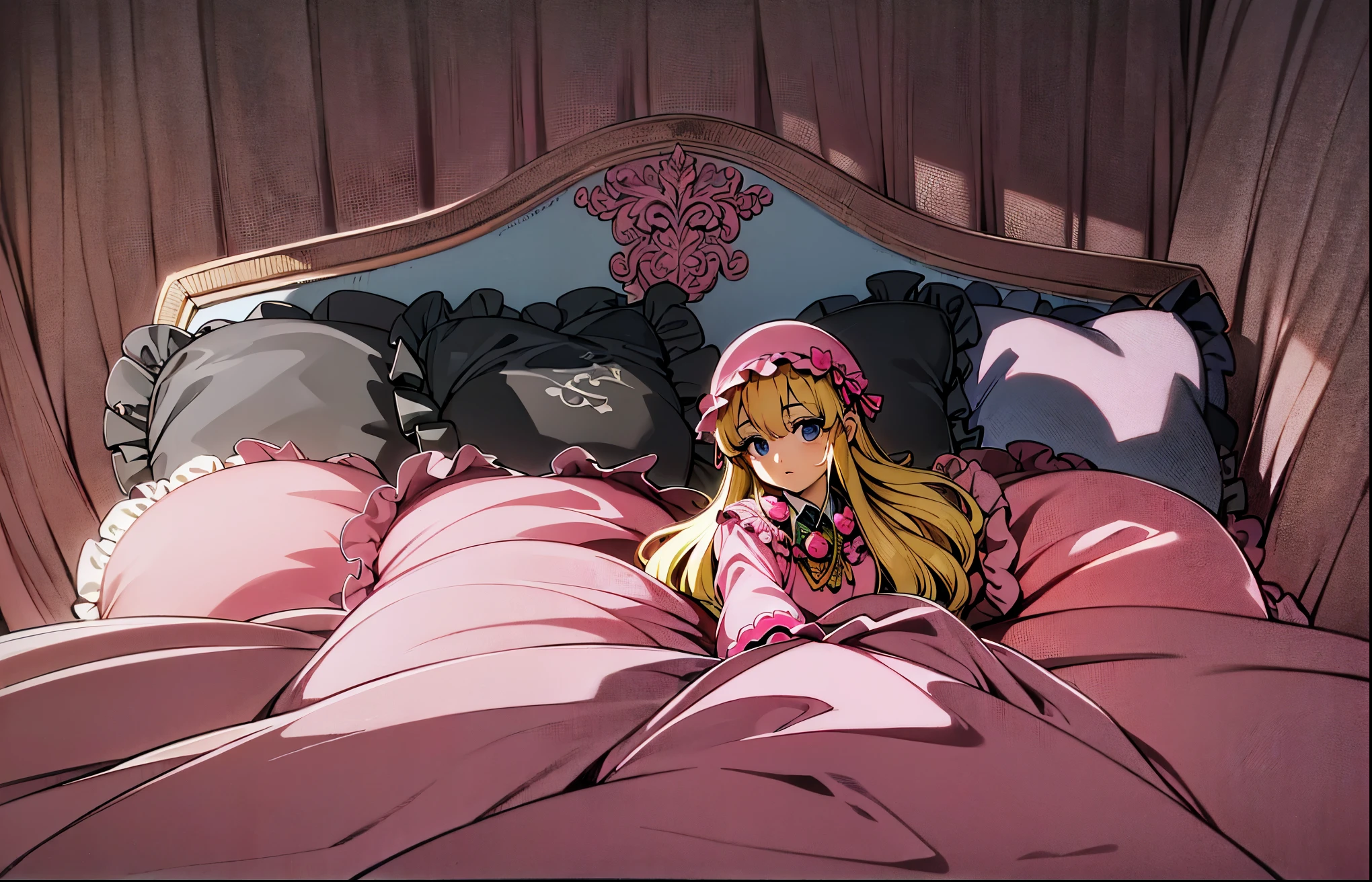 ,highest quality, masterpiece, Highest Resolution, artwork, super それにGet used to it, many Get used to it, Get used to it, それにGet used to it, 3K anime illustrations,(( 10 year old girl)),Super detailed baby face,high quality small face,Long blonde hair,blue eyes,白い肌のEuropean,pajamas, European,Curly Hair,blue eyes,((((ピンクのロリータファッションのLong skirtのワンピースドレス)))),((フリルとリボンがたっぷりついたピンクと黒のの可愛らしいpajamas)),((A gorgeous pink and black headdress with frills and ribbons)),Detailed headdress,,(((Large yoke collar))),Yoke collar with ruffles and bow,((((Long sleeve)))),Ruffle sleeves,((((Long skirt)))),Pink and black pillow with big ruffles and ribbons,(((Nice pink outfit))),豪華なCanopy bedの上,Canopy bed,The bed is surrounded by luxurious curtains.,There are lots of pink and black frilly pillows on the bed,Behind the girl are a number of pink and black frilly pillows...,Highly detailed background,Detailed bed,Soft pink and black comforter,Very fine soft frilly pillow,Beautiful girl illustration,Beautiful face in every detail,Thinning hair,Detailed eyes ,Detailed eyess,Mouth details, Arm details,Beautiful Hands,Detailed pillow,Large bed,Illustration on the bed, ,((((Round futon)))),((((A large pink and black ruffled quilt covers the entire bed.)))),Detailed comforter,Detailed bedシーツ,Before bedtime,Romantic atmosphere,Palace Bedroom,((((The lower half of the body is hidden under a large blanket.....)))) The girl is leaning against a pile of pillows, ,((((Round futon)))),((((A large pink and black ruffled quilt covers the entire bed.)))),