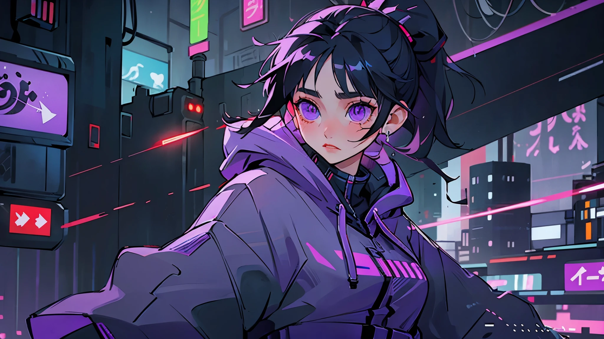 perfect face, perfect eyes, black hair, long pony tail, purple eyes, cyberpunk, katana, city, futuristic, glowing effects, hoodie