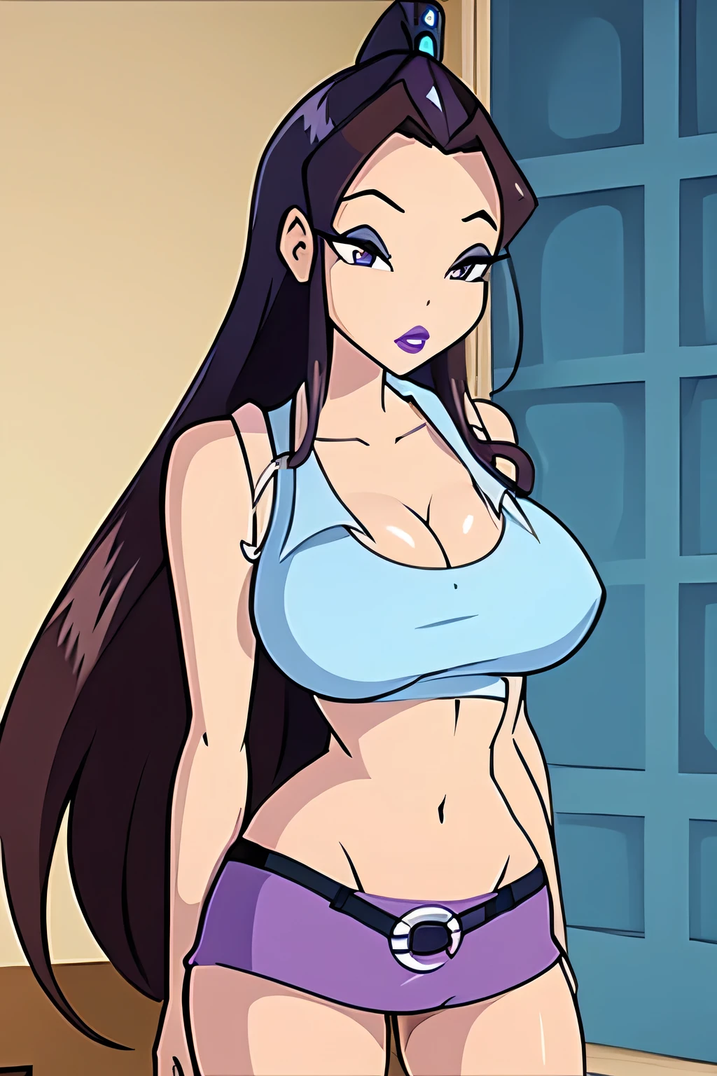 A beautiful sexy woman with big breasts, long brown hair, brown eyes, painted purple eyelashes, purple lips, wears a light blue top, shows a navel, and a light blue miniskirt. 