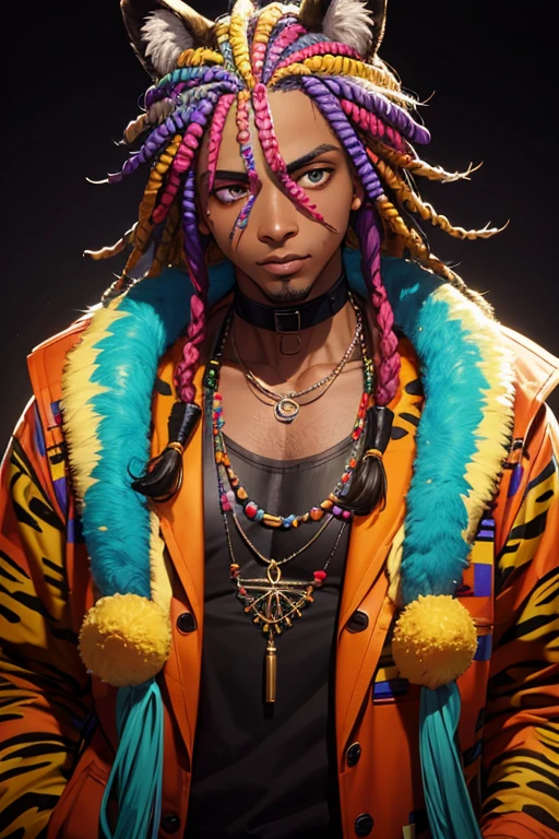 Black man with colorful braids,dressed in an animal-print scientific lab coat. Mascarado com pinturas tribais. Around the neck a necklace of teeth. It's a kind of warrior superhero in a savannah setting