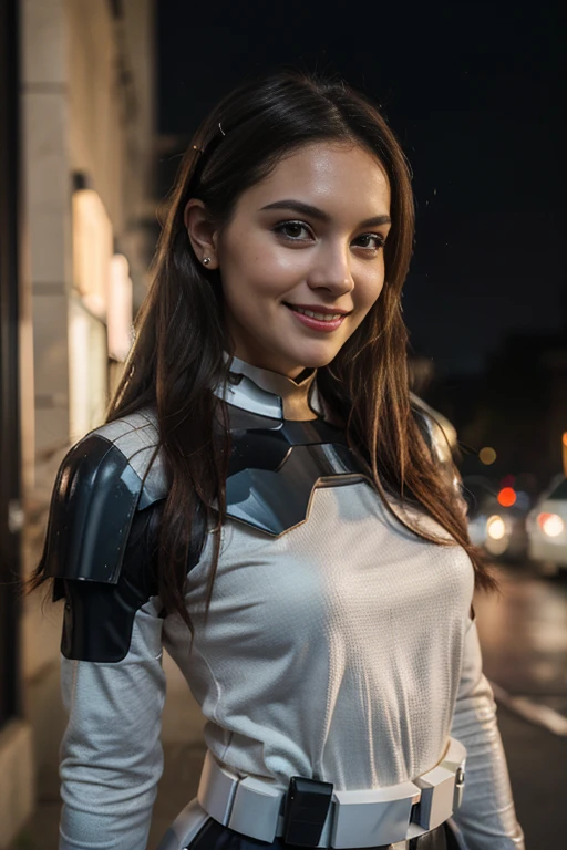 a woman, 25ear old, long brunette hairs, 8K, UHD, flash lighting, professional lighting, textured skin, romantic smile, star war cosplay, storm trooper cosplay, lingery