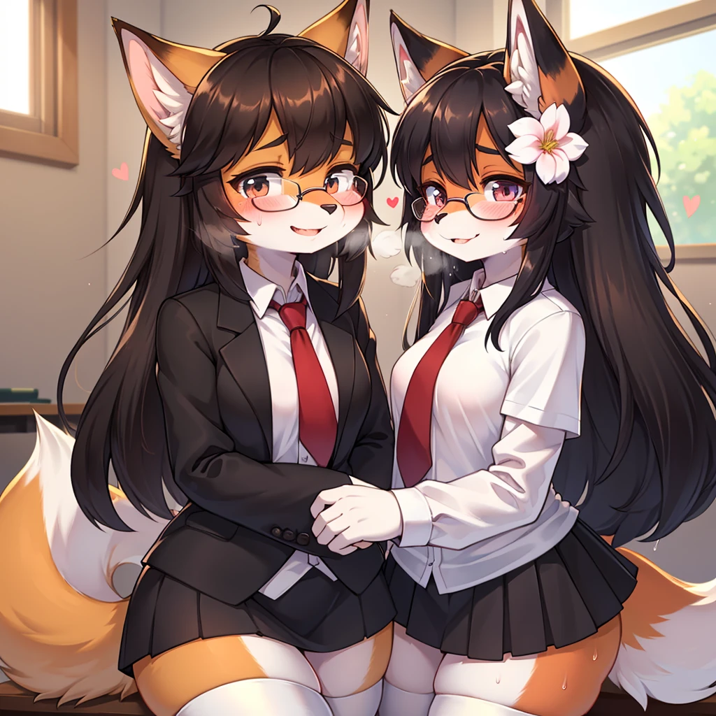 best quality,best resolution,(fluffy anthro furry :1.6),fox girl,black long hair,curvy hair,classroom,light and shadow,(white short arm shirt),red necktie,black skirt,white stocking,glasses,flower hairpin,looking at viewer,passionated face,smile,very close eyes,orgasm,full face blush,shy pose,heart eyes,heart expression eyes,close up,face to face,again window,heavy breath,front view,sweating