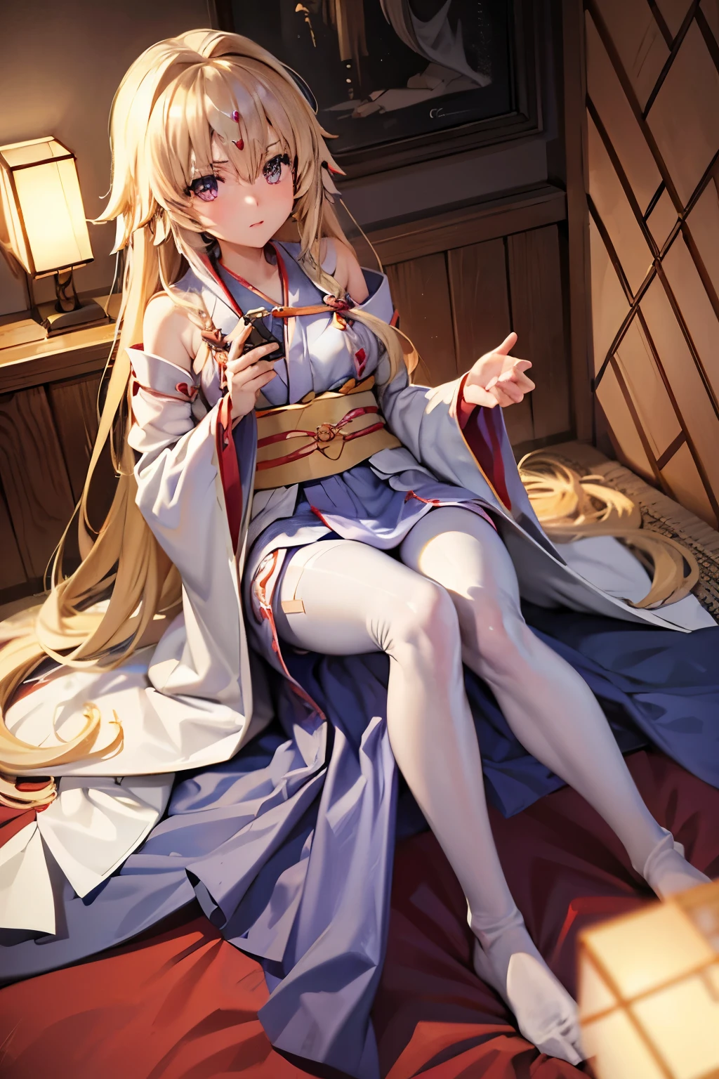 Jeanne、神風怪盗Jeanne、Blonde、Long Hair、((Mini Kimono))、Photo from below、Medium chest、Bedroom、((pantyhose))