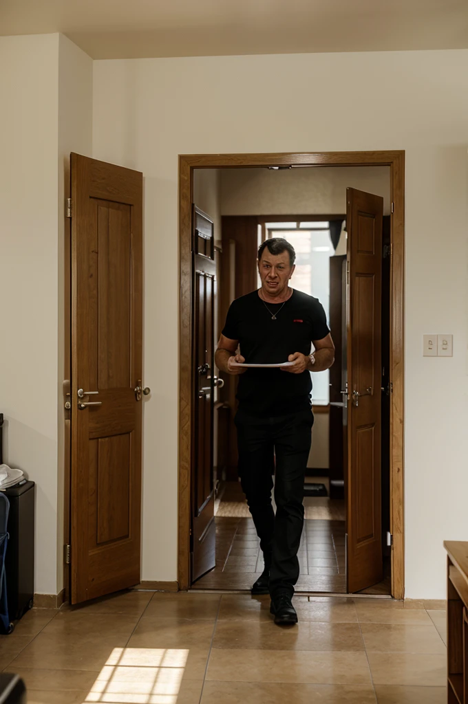 The boss comes through the door and talks loudly