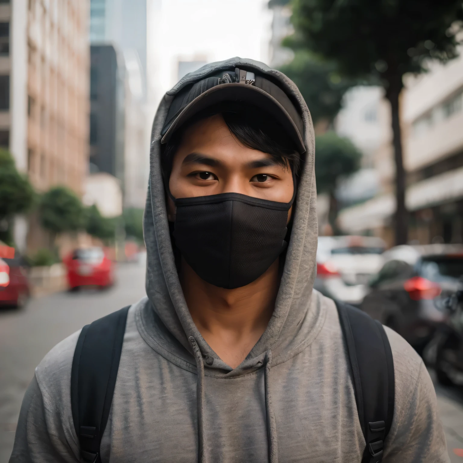 (8K, RAW Photos, Highest Quality, Intricate Details), Candid photo of a 30 year old indonesian man, kinda fat muscle, nature skin, very short hair, wearing a hoodie and cap and black mask, in the sidewalk, with buildings background, in the afternoon, photography.