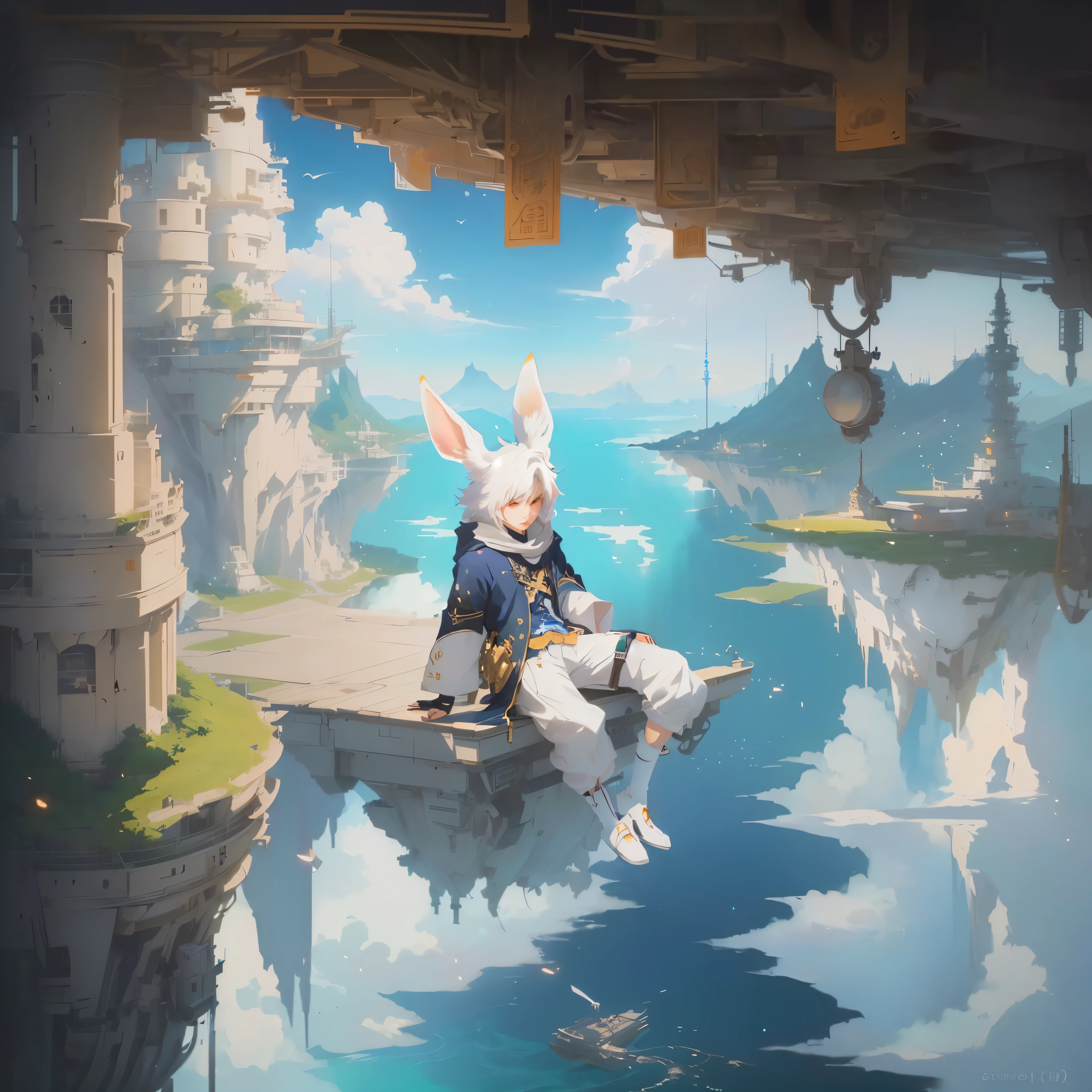 anime - style painting of a rabbit boy sitting on a floating platform overlooking a sea of cloud, trending on artstation pixiv, guweiz on pixiv artstation, guweiz on artstation pixiv, relaxing concept art, fantasy art style, anime fantasy illustration, pixiv contest winner, 2. 5 d cgi anime fantasy artwork, artwork in the style of guweiz