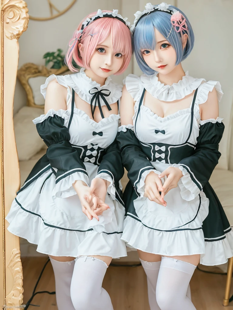 (8K, Photorealistic, Raw photo, of the highest quality: 1.3), (1girl in), Super beautiful, (Realistic face), (boyish, pink Color Berry Shorthair), Beautiful , Glare that captivates the viewer, Beautiful expression, Beautiful breasts, (Realistic skin), Be...Create a detailed and colorful image of Ram and Rem from Re:Zero, standing back-to-back in their maid outfits, with a magical fantasy background、ars old, two girls,cute, perfect face, beautiful, nice body, gothic lolita clothes, gothic lolita fashion, frilly skirt, headdress, necklace, bracelet, knee-high socks, boots, double eyelids, tear bags, Detailed down to the fingers, photo-like description, indoors, dim indoor lighting, one girl is pink hair and short bob, another girl is light blue hair and short bob,standing,whole body, composition that shows the whole body, smiling,The Both of them are wearing the same type of maid outfit,Optimal ratio of 4 fingers and 1 thumb