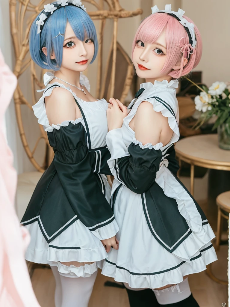 (8K, Photorealistic, Raw photo, of the highest quality: 1.3), (1girl in), Super beautiful, (Realistic face), (boyish, pink Color Berry Shorthair), Beautiful , Glare that captivates the viewer, Beautiful expression, Beautiful breasts, (Realistic skin), Be...Create a detailed and colorful image of Ram and Rem from Re:Zero, standing back-to-back in their maid outfits, with a magical fantasy background、14years old, two girls,cute, perfect face, beautiful, nice body, gothic ta clothes, gothic loliashion, frilly skirt, headdress, necklace, bracelet, knee-high socks, boots, double eyelids, tear bags, Detailed down to the fingers, photo-like description, indoors, dim indoor lighting, one girl is pink hair and short bob, another girl is light blue hair and short bob,standing,whole body, composition that shows the whole body, smiling,The Both of them are wearing the same type of maid outfit,Optimal ratio of 4 fingers and 1 thumb