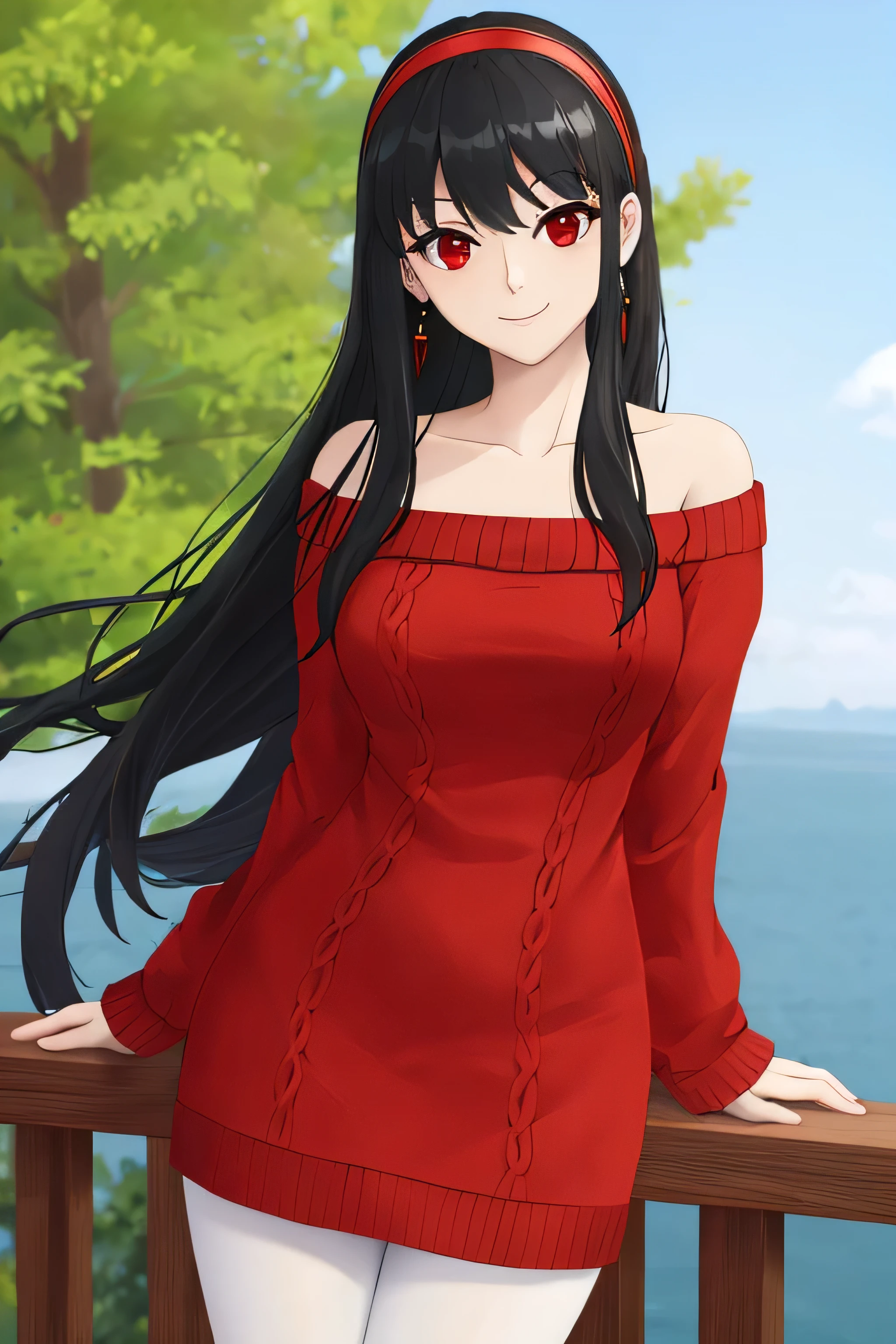 ((highest quality)), ((masterpiece)), (detailed), Perfect Face
{{masterpiece, best quality, extremely detailed CG, beautiful detailed eyes, ultra-detailed, intricate details:1.2}}, Spy Family, yor briar, black hair, (red eyes:1.5), earrings, white hairband, hairband, long hair, sidelocks, bare shoulders, collarbone, dress, long sleeves, off shoulder, off-shoulder dress, off-shoulder sweater, pantyhose, red sweater, sweater, sweater dress, thighs, cowboy shot, arms behind back, outdoors, smile, leaning forward, looking at viewer, , best quality, amazing quality, very aesthetic, absurdres