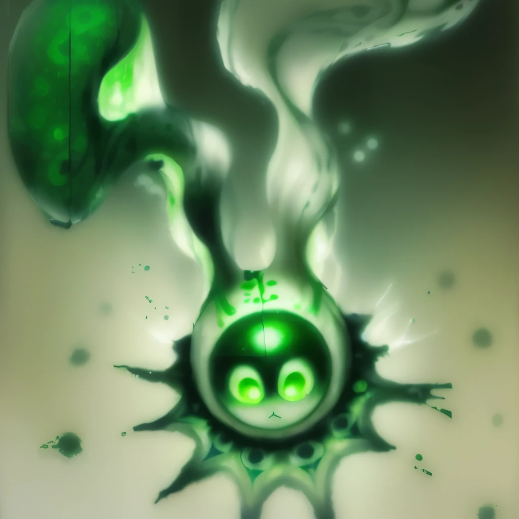 Drawing of a green splattering object,There is a face on it, Yoshitaka Amano, Yoshitaka Amano的氛围, Mysterious and supernatural characters, Shaman horror LSD art, author:Murakami Kaga, 灵感来自Yoshitaka Amano, ghostly form, inspired author:Murakami Kaga, alien squid