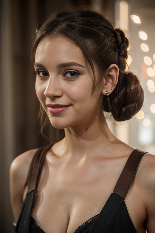a woman, 25ear old, long brunette hairs, 8K, UHD, flash lighting, professional lighting, textured skin, romantic smile, star war cosplay, Princesse Leia cosplay, Princesse Leia hair style