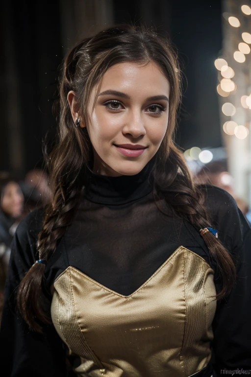 a woman, 25ear old, long brunette hairs, 8K, UHD, flash lighting, professional lighting, textured skin, romantic smile, star war cosplay, Princesse Leia cosplay, Princesse Leia hair style