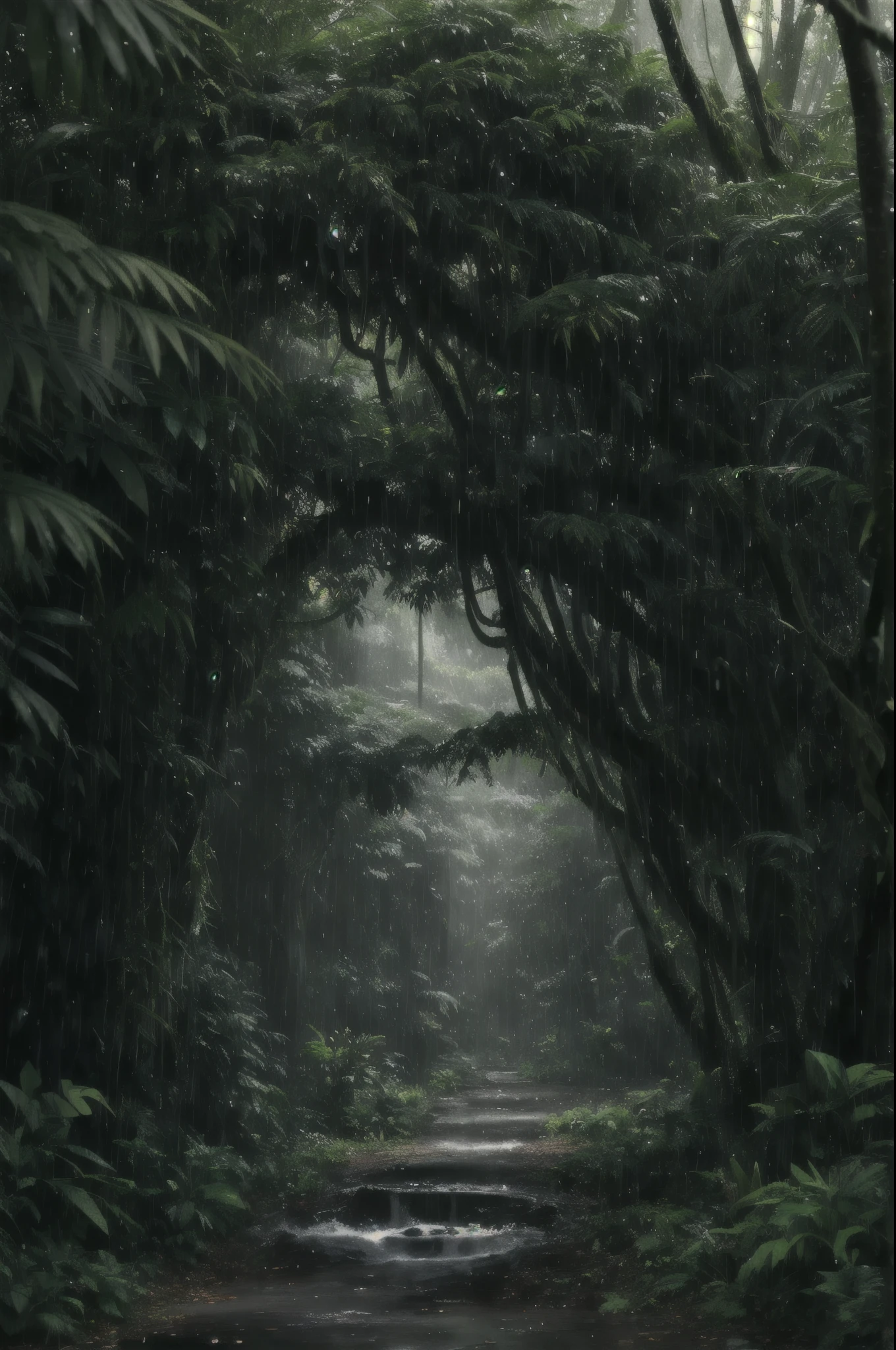 A jungle, with intense rainfall, monochromatic, vines all around, giant and wet trees, masterpiece, best quality, high quality, extremely detailed CG unity 8k wallpaper, oil paiting, award winning photography, Bokeh, Depth of Field, HDR, bloom, Chromatic Aberration ,Photorealistic,extremely detailed, trending on artstation, trending on CGsociety, Intricate, High Detail, dramatic, art by midjourney, volumetric lighting