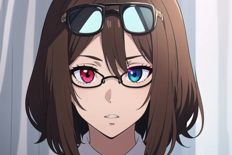 female, curtained hair, brown hair, hair bobbles, eyewear on head, heterochromia, parted lips, alone