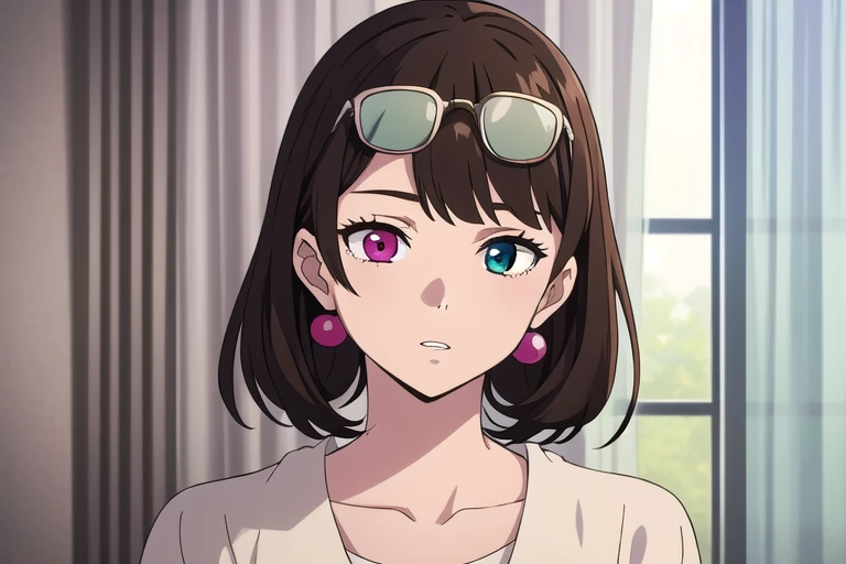 female, curtained hair, brown hair, hair bobbles, eyewear on head, heterochromia, parted lips, alone