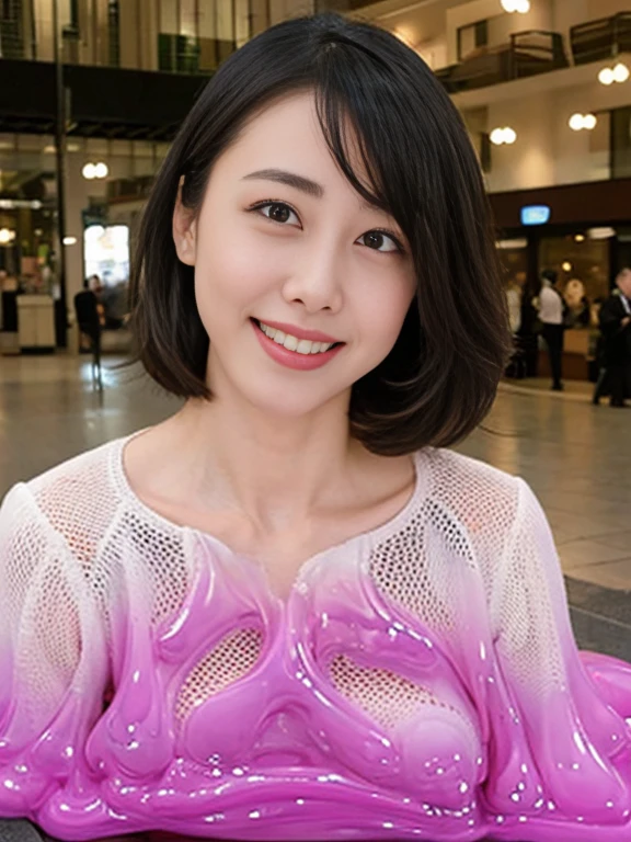 8k quality,masterpiece,best quality,cleveage,Shopping street,(Perfect body beauty:1.2),Black underwear exposed,,Smile,Go shopping,sweater open,A woman who looks 50 years old,Slightly plump women,A beautiful woman who looks a bit older,Micromeat,Slime Shapeshifter,