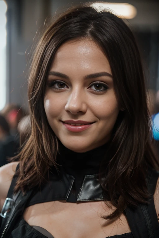 25 ans, brune, yeux marrons, delicate, professional light, flash lit, cheveux de longueur moyenne, grains de beauté, sourire romantique, Seductive look, bonne couverture, éclairée par les flashs des photographes, skin details, pores de la peau, visage fin, cheveux long, yeux marrons, HD, 8K, masterpiece, sourire romantique, on the roof of a building, batman cosplay, batman, combinaison de cuir, at night, under the rain