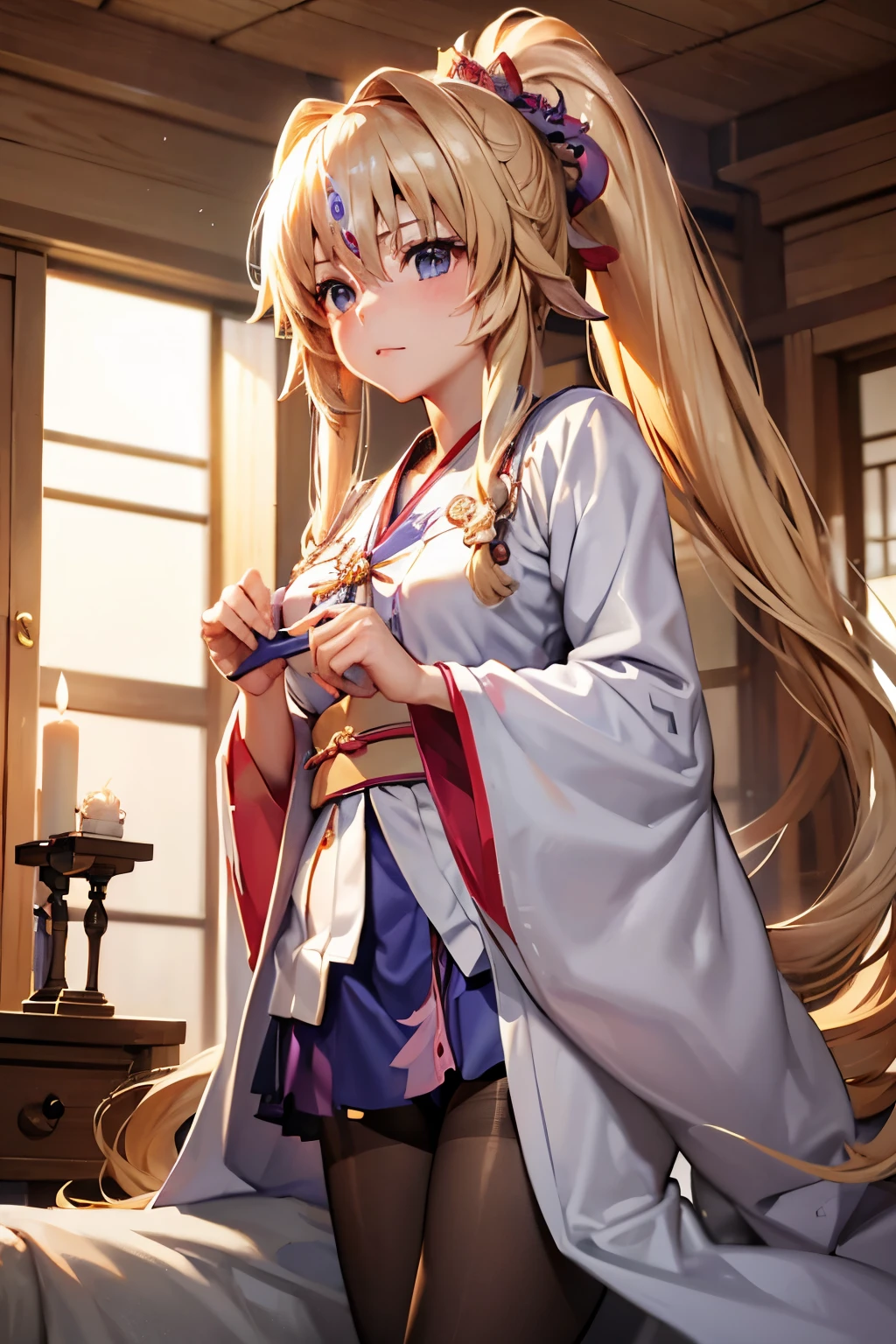 Jeanne、神風怪盗Jeanne、Blonde、Long Hair、((Mini Kimono))、Photo from below、Medium chest、Bedroom、((pantyhose))、ponytail