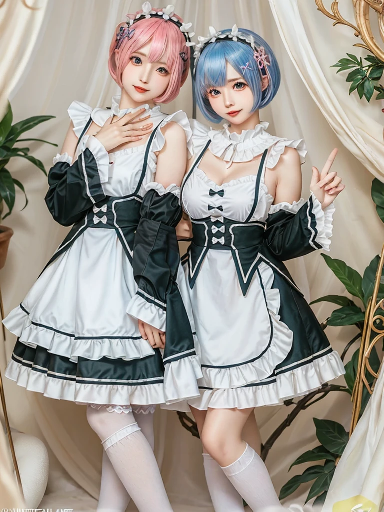 (8K, Photorealistic, Raw photo, of the highest quality: 1.3), (1girl in), Super beautiful, (Realistic face), (boyish, pink Color Berry Shorthair), Beautiful , Glare that captivates the viewer, Beautiful expression, Beautiful breasts, (Realistic skin), Be...Create a detailed and colorful image of Ram and Rem from Re:Zero, standing back-to-back in their maid outfits, with a magical fantasy background、14years old, two girls,cute, perfect face, beautiful, nice body, gothic lolita clothes, gothic lolita fashion, frilly skirt, headdress, necklace, bracelet, knee-high socks, boots, double eyelids, tear bags, Detailed down to the fingers, photo-like description, indoors, dim indoor lighting, one girl is pink hair and short bob, another girl is light blue hair and short bob,standing,whole body, composition that shows the whole body, smiling,The Both of them are wearing the same type of maid outfit,Optimal ratio of 4 fingers and 1 thumb
