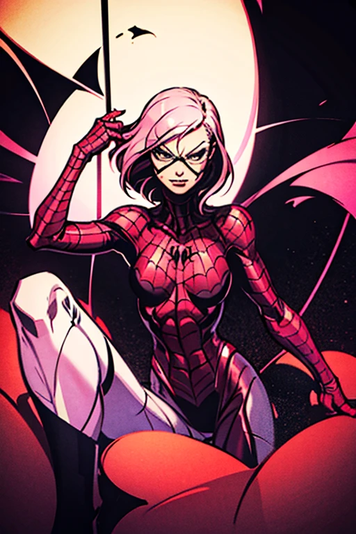 make a picture of a 2D HQ style pink haired girl dressed as Spider Woman