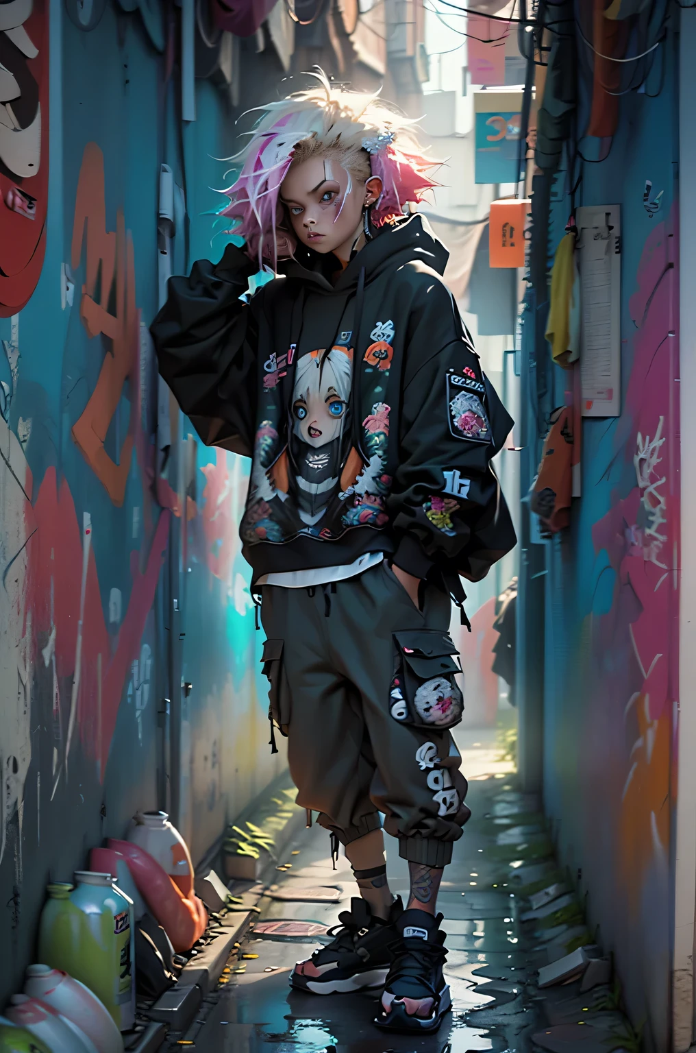 ((long shot, full body: 1.6)), purple: 1.5, orange: 1.1, green: 1.3, White: 1.3, yellow: 1.3, (rapper girl with scary hair, highly detailed eyes and body and beautiful baggy and baggy clothes :1.6), tattoos, (walls with Graffiti: 1.2), flower, Leaves, born in the mist, lines, leaning on the wall with a spray paint in her hand, action pose, 32K.