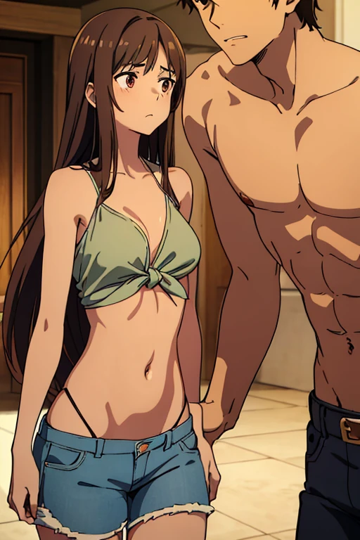 ((best quality)), ((masterpiece)), (detailed), perfect face, brown skin anime girl in a deep V-neck tied top (bare shoulders), (jean shorts), (long hair), starving, (resting hands on the stomach), (hands on the stomach), (skinny girl), (embarrassed expression), (cute couple), with a handsome angelic boy kissing her