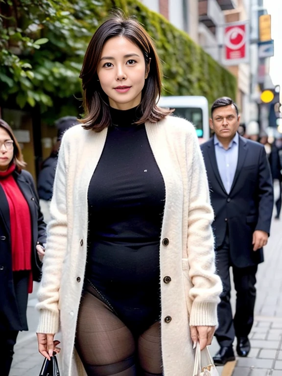 8k quality，masterpiece,best quality,cleveage,outdoor shopping ,A woman who looks 50 years old,Slightly plump women，Wearing black underwear on the lower body，Wearing black underwear on upper body，Sweater coat，pantyhose