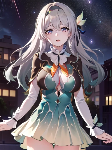 (masterpiece:1.3),((High resolution)),((high quality)),((Super detailed))、One girl、Perfect balance、((upper body:1.5))、(Perfect Face:1.5)、(Detailed face:1.5)、(Perfect in hand:1.5)、（Five fingers:1.5）、(Detailed hands:1.5)、Cute face、beautiful詳細な目、Expressive eyes、Cute eyes、Shiny eyes、Perfect body、beautiful体、honkaiFirefly, fire Fly, (Purple eyes:1.3), Grey Hair, 蝶のhair ornaments, hair ornaments, Hair intake, Long Hair, (Bright Eyes:1.5),  shoes下, 青色のdress, 青色のshoes下,((Large Breasts)) ((Orange ribbon:1.5))、dress, shoes, shoes下, ツートーンdress, ツートーンshoes下, ホワイトdress, Long sleeve, hair band, (head shot)、Embarrassing、blush、beautiful女の子、Cute face、beautiful顔、Cute face、beautiful、Best Quality、Good anatomy、((smile:1.5))、((Super detailedな背景)), Outdoor, Day, blue sky, ((Meteor shower sky:1.1))、Sky Light , Mistress Pose, ((8K Wallpaper)) , Watching the audience, Moody lighting, In-person audience
