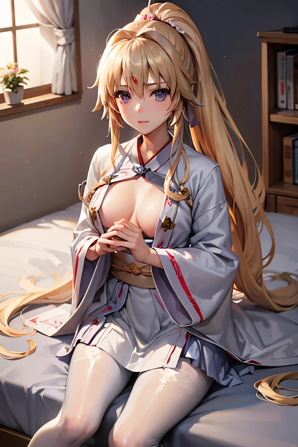 Jeanne、神風怪盗Jeanne、Blonde、Long Hair、((Mini Kimono))、Photo from below、Medium chest、Bedroom、((pantyhose))、ponytail