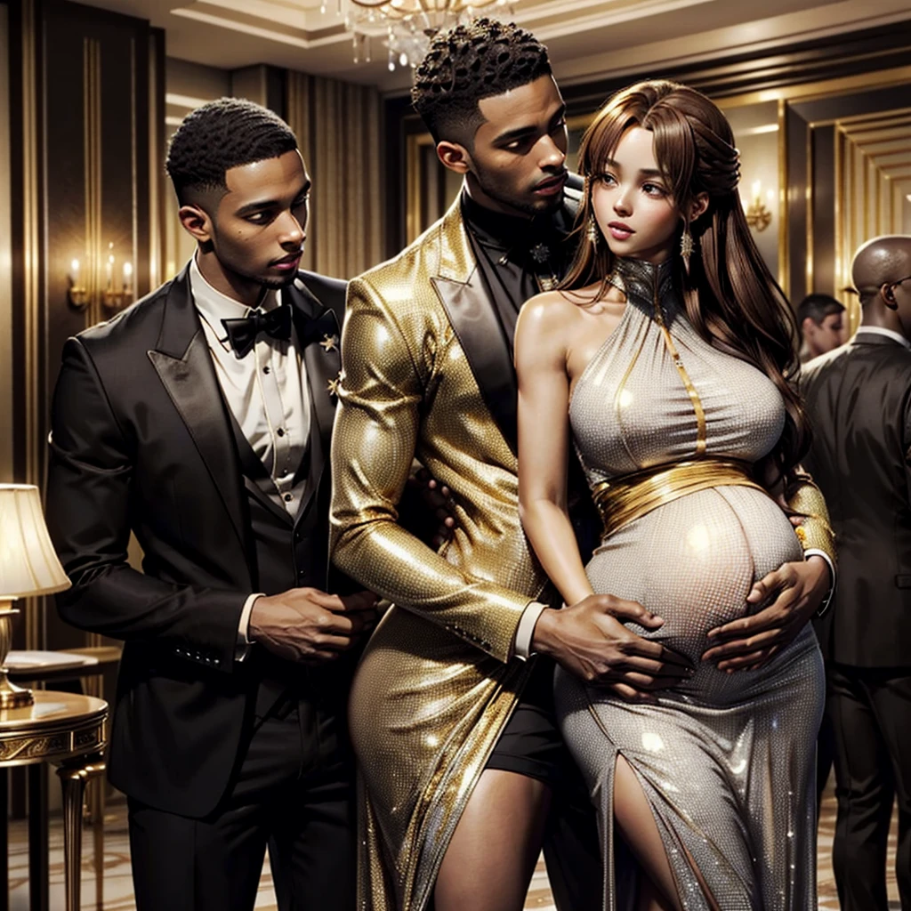 ((highest quality)), ((masterpiece)), Perfect Face、((Yuuki Asuna))、(((The woman has brown hair and white skin)))、((A black man and woman are standing arm in arm, embracing each other))、A black man and woman are wearing flashy clothes and sitting on big fancy chairs making out、The woman is wearing a luxurious, shiny gold dress with a long slit.、Black man in flashy clothes、the woman is pregnant、The woman is a mafia girl in a flashy outfit、(The black man has dark skin and a strong body with a big erect black cock and balls)、Woman hugs and kisses black man、The black man puts his hands around the woman's waist, embraces her, kisses her and fondles her breasts.、The woman has a happy expression as she hugs the black man while he kisses her and fondles her breasts.、The woman is wearing earrings and a necklace decorated with gorgeous jewels.、jewelled waist chain、Black men and women wear gorgeous engagement rings、The woman is a black man's wife=Mafia boss's wife