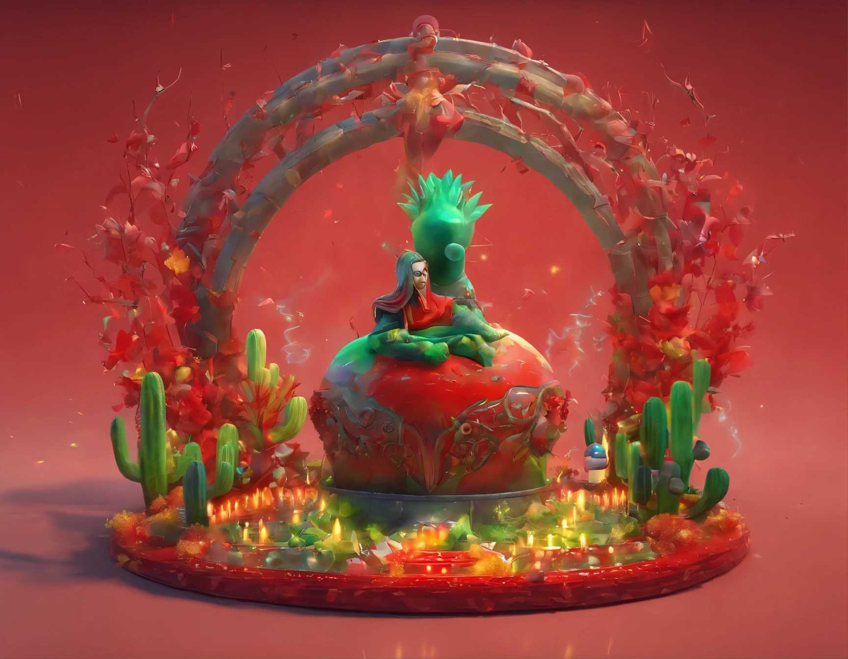 A painting that represents the essence of magic in your world, red color eyes, The protagonist with red hair,Green clothes,Cactus background,School bully,Red bandana,contempt eyes,with thorns,Immerse yourself in a barrage of magical energy, Glowing red particles dance around him,Mysterious symbols form in the air,Libido boy