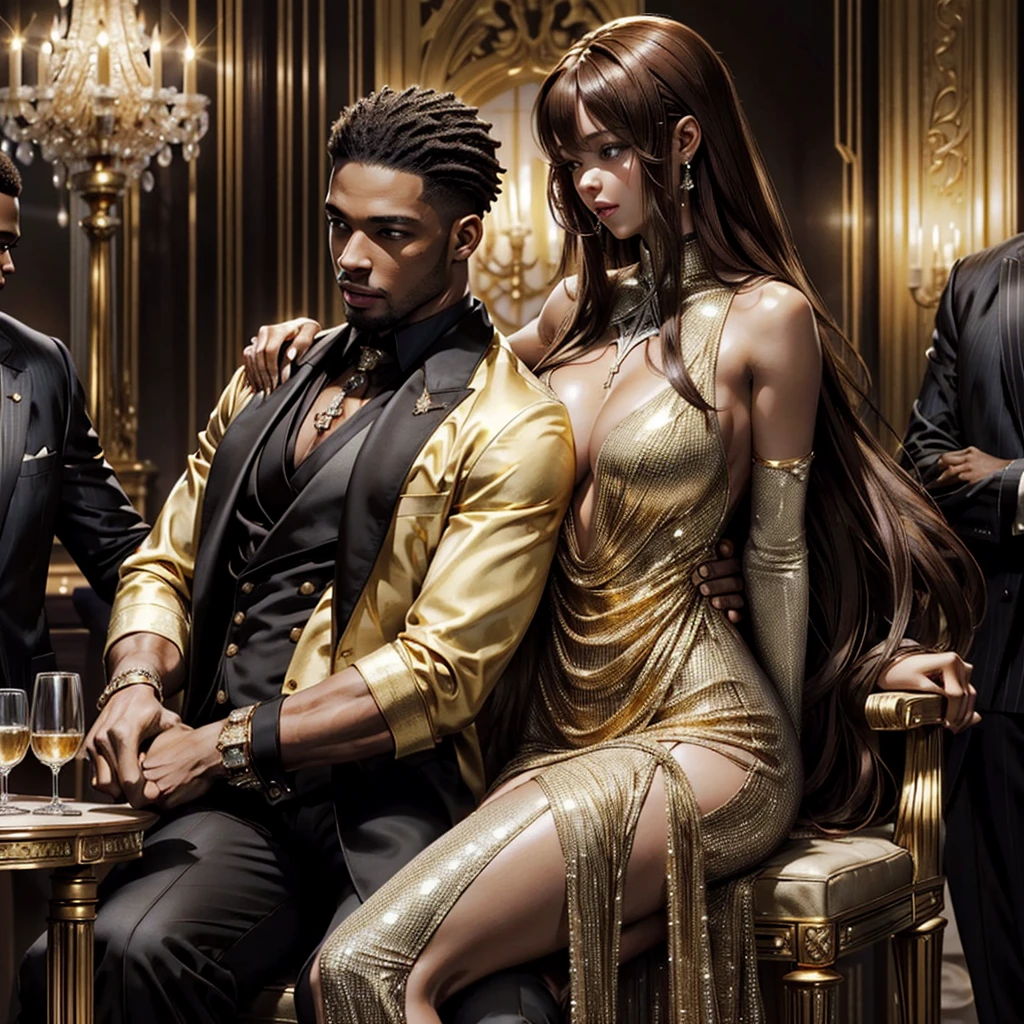 ((highest quality)), ((masterpiece)), Perfect Face、((Yuuki Asuna))、(((The woman has brown hair and white skin)))、((A black man and woman are standing arm in arm, embracing each other))、A black man and woman are wearing flashy clothes and sitting on big fancy chairs making out、The woman is wearing a luxurious, shiny gold dress with a long slit.、The woman is a mafia girl in a flashy costume.、Black man in flashy clothes、(The black man is a mafia boss with a dark skin, a strong body, a big erect black dick and testicles)、Woman hugs and kisses black man、The black man puts his hands around the woman's waist, embraces her, kisses her and fondles her breasts.、The woman has a happy expression as she hugs the black man while he kisses her and fondles her breasts.、The woman is wearing earrings and a necklace decorated with gorgeous jewels.、jewelled waist chain、Black men and women wear gorgeous engagement rings、The woman is a black man's wife=Mafia boss's wife