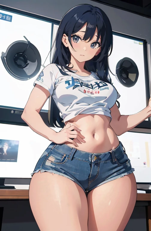 (Hinata Hyuuga, muito sensual, com roupas apertadas, bunda grande, pernas grossas, Vestindo jeans extremamente apertado, usando uma mini blusa, umbigo com pirsing, cabelo grande, Speaker behind, muito realista, extremamente sexy, 8k, 8k extremamente detalhado), (um extremamente delicado e bonito), (obra-prima), (melhor qualidade: 1.0), (Ultra-alta:1.0)