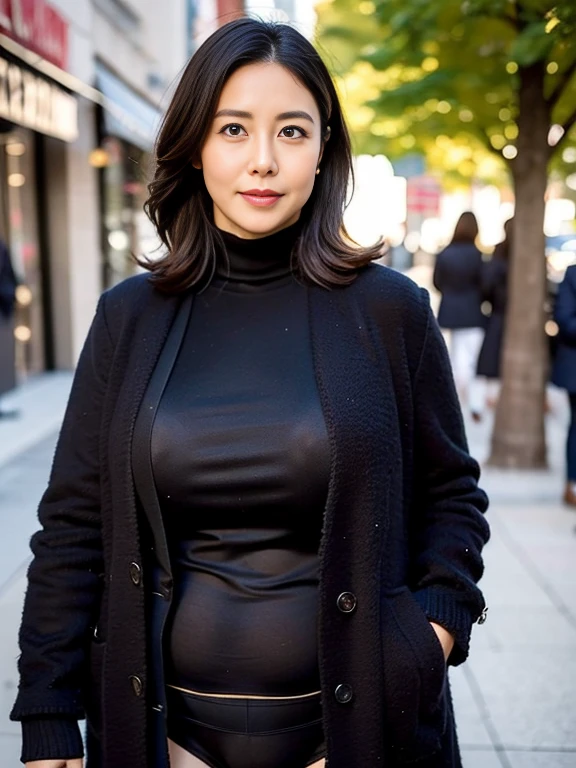 8k quality，masterpiece,best quality,cleveage,outdoor shopping ,A woman who looks 50 years old,Slightly plump women，Wearing black underwear on the lower body，Wearing black underwear on upper body，Sweater coat，pantyhose