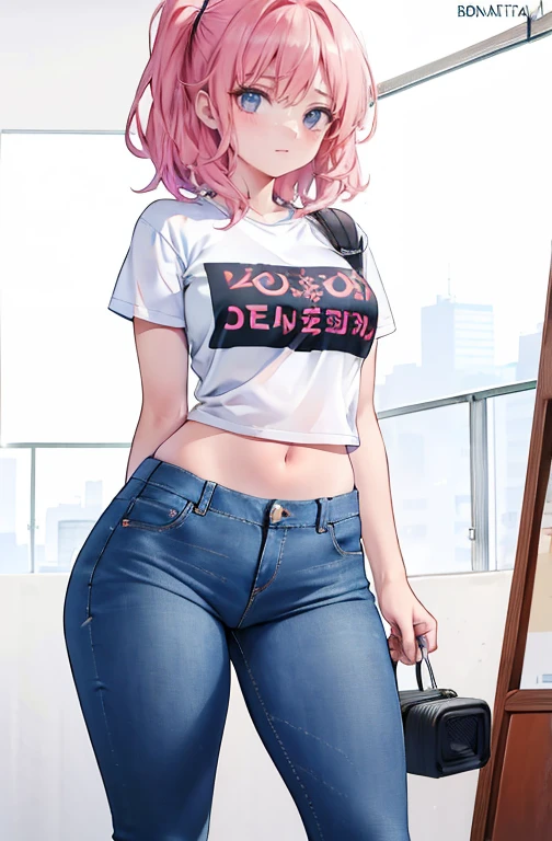 (Hinata Hyuuga, muito sensual, com roupas apertadas, bunda grande, pernas grossas, Vestindo jeans extremamente apertado, usando uma mini blusa, umbigo com pirsing, cabelo grande, Speaker behind, muito realista, extremamente sexy, 8k, 8k extremamente detalhado), (um extremamente delicado e bonito), (obra-prima), (melhor qualidade: 1.0), (Ultra-alta:1.0)