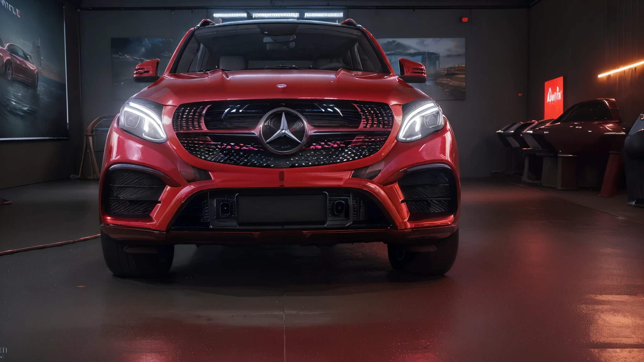((masterpiece, best quality)), ultra detailed, 4k, high, cinematic, wide body sedan, red color, mercedes gle water car side focus, coast, bridge, neon lights,