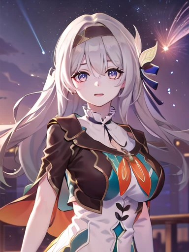 (masterpiece:1.3),((High resolution)),((high quality)),((Super detailed))、One girl、Perfect balance、((upper body:1.5))、(Perfect Face)、(Detailed face:1.5)、(Perfect in hand)、Cute face、(beautiful詳細な目)、(Expressive eyes)、Cute eyes、Shiny eyes、(Perfect body)、(beautiful体)、honkaiFirefly, fire Fly, (Purple eyes:1.3), Grey Hair, 蝶のhair ornaments, hair ornaments, Hair intake, Long Hair, (Bright Eyes:1.5),  shoes下, 青色のdress, 青色のshoes下,((Large Breasts)) ((Orange ribbon:1.5))、dress, shoes, shoes下, ツートーンdress, ツートーンshoes下, ホワイトdress, Long sleeve, hair band, (head shot)、Embarrassing、blush、beautiful女の子、Cute face、beautiful顔、Cute face、beautiful、Best Quality、Good anatomy、((smile:1.5))、((Super detailedな背景)), Outdoor, Day, blue sky, ((Meteor shower sky:1.1))、Sky Light , Mistress Pose, ((8K Wallpaper)) , Watching the audience, Moody lighting, In-person audience