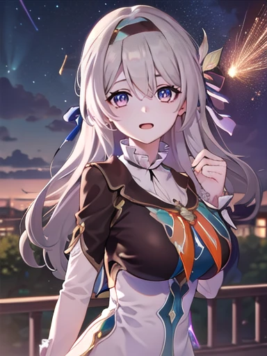 (masterpiece:1.3),((High resolution)),((high quality)),((Super detailed))、One girl、Perfect balance、((upper body:1.5))、(Perfect Face)、(Detailed face:1.5)、(Perfect in hand)、Cute face、(beautiful詳細な目)、(Expressive eyes)、Cute eyes、Shiny eyes、(Perfect body)、(beautiful体)、honkaiFirefly, fire Fly, (Purple eyes:1.3), Grey Hair, 蝶のhair ornaments, hair ornaments, Hair intake, Long Hair, (Bright Eyes:1.5), shoes下, 青色のdress, 青色のshoes下,((Large Breasts)) ((Orange ribbon:1.5))、dress, shoes, shoes下, ツートーンdress, ツートーンshoes下, ホワイトdress, Long sleeve, hair band, (head shot)、Embarrassing、blush、beautiful女の子、Cute face、beautiful顔、Cute face、beautiful、Best Quality、Good anatomy、((smile:1.5))、((Super detailedな背景)), Outdoor, Day, blue sky, ((Meteor shower sky:1.1))、Sky Light , Mistress Pose, ((8K Wallpaper)) , Watching the audience, Moody lighting, In-person audience