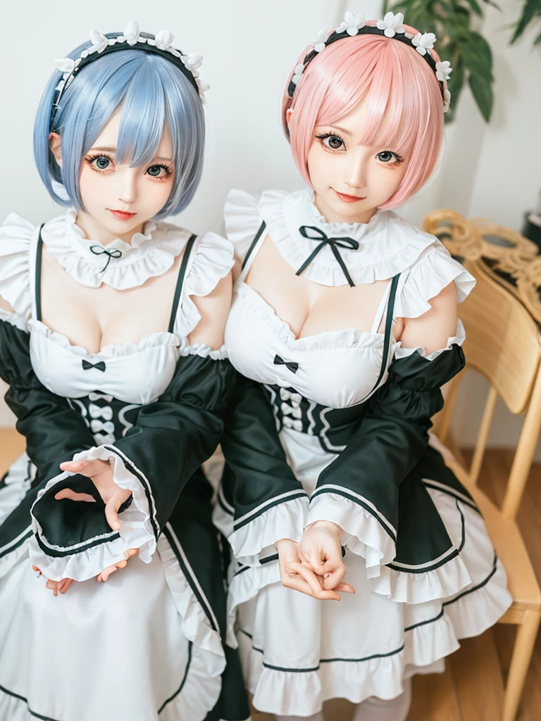 (8K, Photorealistic, Raw photo, of the highest quality: 1.3), (1girl in), Super beautiful, (Realistic face), (boyish, pink Color Berry Shorthair), Beautiful , Glare that captivates the viewer, Beautiful expression, Beautiful breasts, (Realistic skin), Be...Create a detailed and colorful image of Ram and Rem from Re:Zero, standing back-to-back in their maid outfits, with a magical fantasy background、ars old, two girls,cute, perfect face, beautiful, nice body, gothic lolita clothes, gothic lolita fashion, frilly skirt, headdress, necklace, bracelet, knee-high socks, boots, double eyelids, tear bags, Detailed down to the fingers, photo-like description, indoors, dim indoor lighting, one girl is pink hair and short bob, another girl is light blue hair and short bob,standing,whole body, composition that shows the whole body, smiling,The Both of them are wearing the same type of maid outfit,Optimal ratio of 4 fingers and 1 thumb