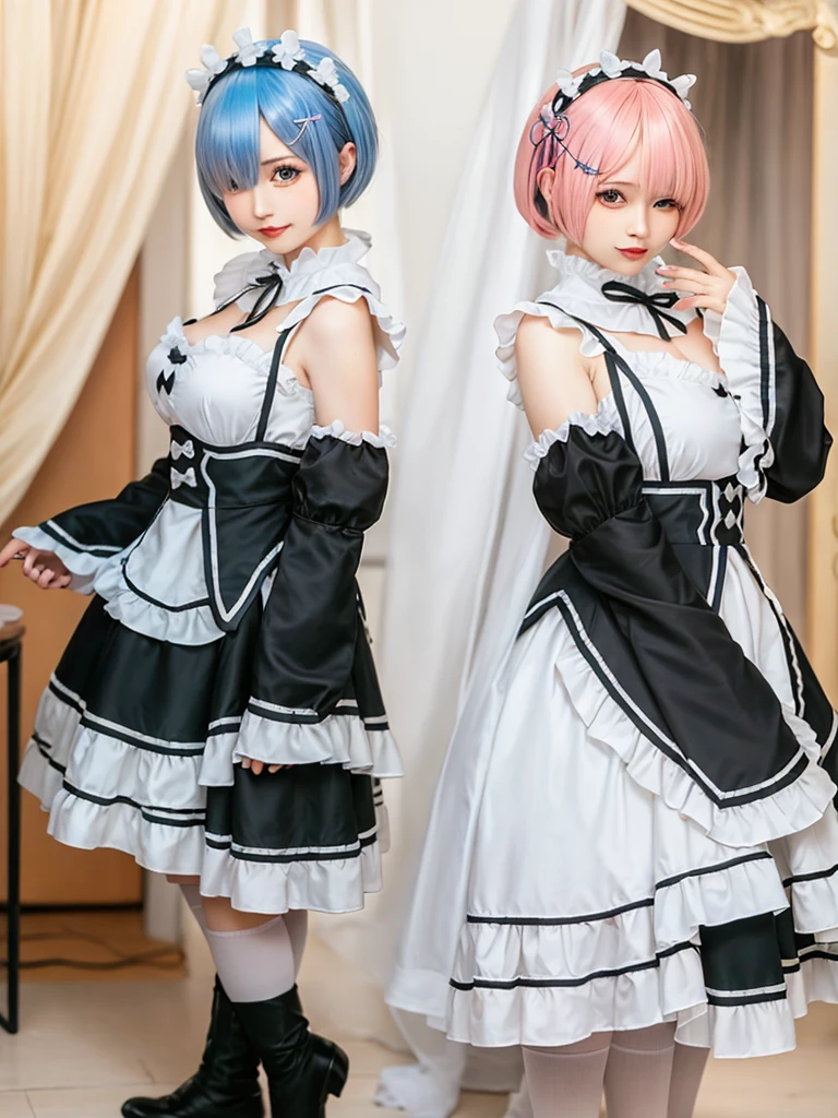 (8K, Photorealistic, Raw photo, of the highest quality: 1.3), (1girl in), Super beautiful, (Realistic face), (boyish, pink Color Berry Shorthair), Beautiful , Glare that captivates the viewer, Beautiful expression, Beautiful breasts, (Realistic skin), Be...Create a detailed and colorful image of Ram and Rem from Re:Zero, standing back-to-back in their maid outfits, with a magical fantasy background、14years old, two girls,cute, perfect face, beautiful, nice body, gothic lolita clothes, gothic lolita fashion, frilly skirt, headdress, necklace, bracelet, knee-high socks, boots, double eyelids, tear bags, Detailed down to the fingers, photo-like description, indoors, dim indoor lighting, one girl is pink hair and short bob, another girl is light blue hair and short bob,standing,whole body, composition that shows the whole body, smiling,The Both of them are wearing the same type of maid outfit,Optimal ratio of 4 fingers and 1 thumb