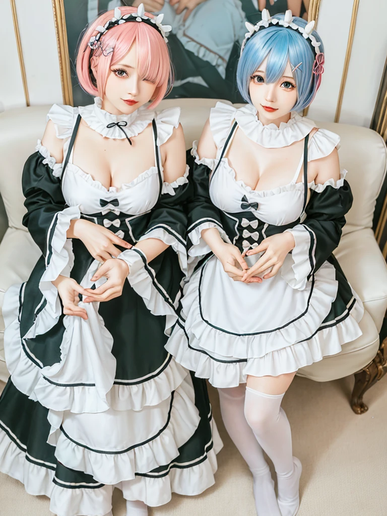 (8K, Photorealistic, Raw photo, of the highest quality: 1.3), (1girl in), Super beautiful, (Realistic face), (boyish, pink Color Berry Shorthair), Beautiful , Glare that captivates the viewer, Beautiful expression, Beautiful breasts, (Realistic skin), Be...Create a detailed and colorful image of Ram and Rem from Re:Zero, standing back-to-back in their maid outfits, with a magical fantasy background、ars old, two girls,cute, perfect face, beautiful, nice body, gothic lolita clothes, gothic lolita fashion, frilly skirt, headdress, necklace, bracelet, knee-high socks, boots, double eyelids, tear bags, Detailed down to the fingers, photo-like description, indoors, dim indoor lighting, one girl is pink hair and short bob, another girl is light blue hair and short bob,standing,whole body, composition that shows the whole body, smiling,The Both of them are wearing the same type of maid outfit,Optimal ratio of 4 fingers and 1 thumb