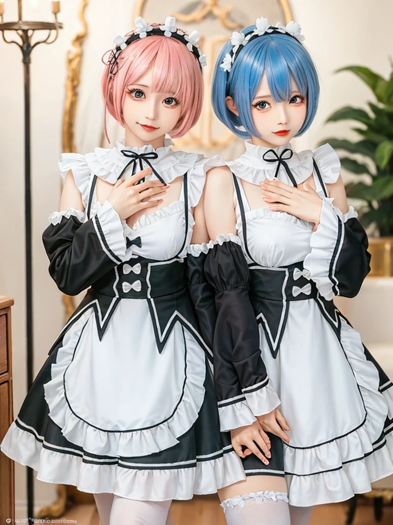 (8K, Photorealistic, Raw photo, of the highest quality: 1.3), (1girl in), Super beautiful, (Realistic face), (boyish, pink Color Berry Shorthair), Beautiful , Glare that captivates the viewer, Beautiful expression, Beautiful breasts, (Realistic skin), Be...Create a detailed and colorful image of Ram and Rem from Re:Zero, standing back-to-back in their maid outfits, with a magical fantasy background、14years old, two girls,cute, perfect face, beautiful, nice body, gothic ta clothes, gothic loliashion, frilly skirt, headdress, necklace, bracelet, knee-high socks, boots, double eyelids, tear bags, Detailed down to the fingers, photo-like description, indoors, dim indoor lighting, one girl is pink hair and short bob, another girl is light blue hair and short bob,standing,whole body, composition that shows the whole body, smiling,The Both of them are wearing the same type of maid outfit,Optimal ratio of 4 fingers and 1 thumb