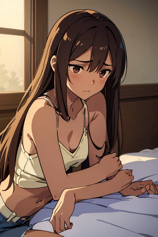 ((best quality)), ((masterpiece)), (detailed), perfect face, brown skin anime girl in a deep V-neck tied top (bare shoulders), (jean shorts), (long hair), starving, (resting hands on the stomach), (hands on the stomach), (skinny girl), (embarrassed expression), (lying down), (legs crossed)