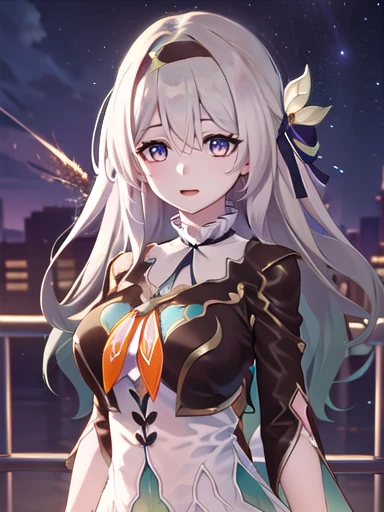 (masterpiece:1.3),((High resolution)),((high quality)),((Super detailed))、One girl、Perfect balance、((upper body:1.5))、(Perfect Face)、(Detailed face:1.5)、(Perfect in hand)、Cute face、(beautiful詳細な目)、(Expressive eyes)、Cute eyes、Shiny eyes、(Perfect body)、(beautiful体)、honkaiFirefly, fire Fly, (Purple eyes:1.3), Grey Hair, 蝶のhair ornaments, hair ornaments, Hair intake, Long Hair, (Bright Eyes:1.5), shoes下, 青色のdress, 青色のshoes下,((Large Breasts)) ((Orange ribbon:1.5))、dress, shoes, shoes下, ツートーンdress, ツートーンshoes下, ホワイトdress, Long sleeve, hair band, (head shot)、Embarrassing、blush、beautiful女の子、Cute face、beautiful顔、Cute face、beautiful、Best Quality、Good anatomy、((smile:1.5))、((Super detailedな背景)), Outdoor, Day, blue sky, ((Meteor shower sky:1.1))、Sky Light , Mistress Pose, ((8K Wallpaper)) , Looking straight ahead, Moody lighting,一面のblue sky